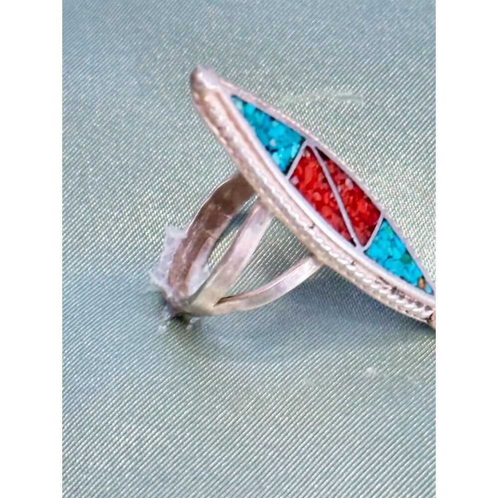 Navajo Native American Genuine Turquoise Coral Mosaic Inlay Sterling Ring sz 5.5 - Picture 6 of 10